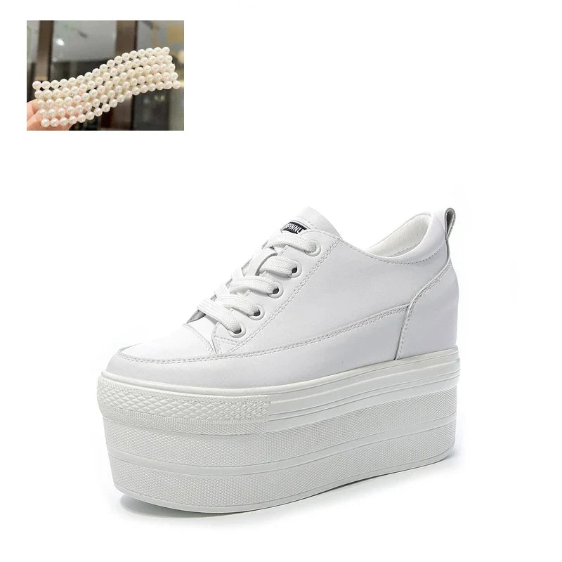 Fujin 12cm Genuine Leather Women Vulcanized Shoes Leather Platform Wedge High Heels White Shoes Lace Up Increase Casual Shoes