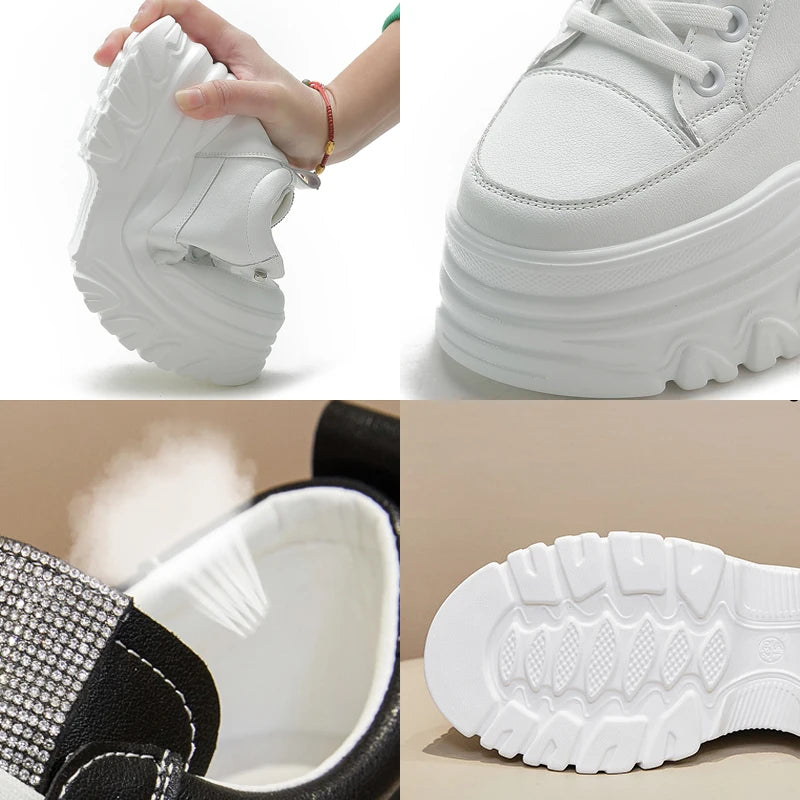 Fujin 9cm High Heel Genuine Leather Women Shoes Chunky Sneakers Wedge Platform Shoes Summer Women Breathable Comfy Footwear