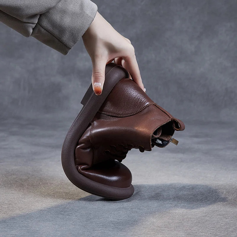 DRKANOL Autumn Winter Warm Flat Heel Ankle Boots For Women Handmade Retro Round Toe Genuine Leather Comfort Casual Short Boots