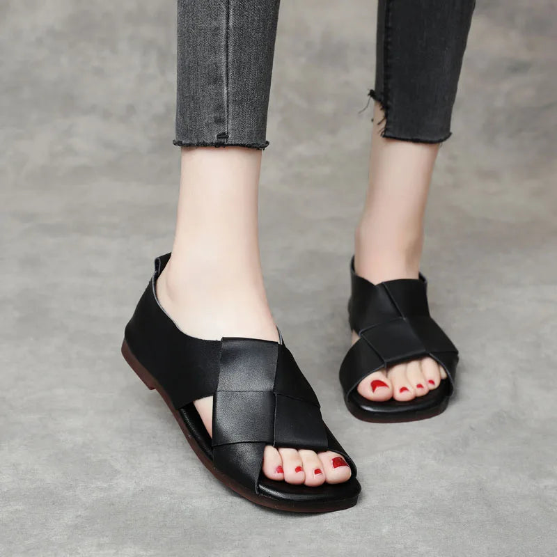 DRKANOL Fashion Weaving Sandals Women Summer 2025 Handmade Retro Shoes Open Toe Mixed Colors Genuine Leather Gladiator Sandals