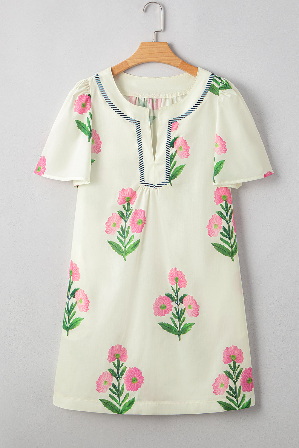 Blue Striped Trim Short Sleeve Split Neck Floral Mini Dress