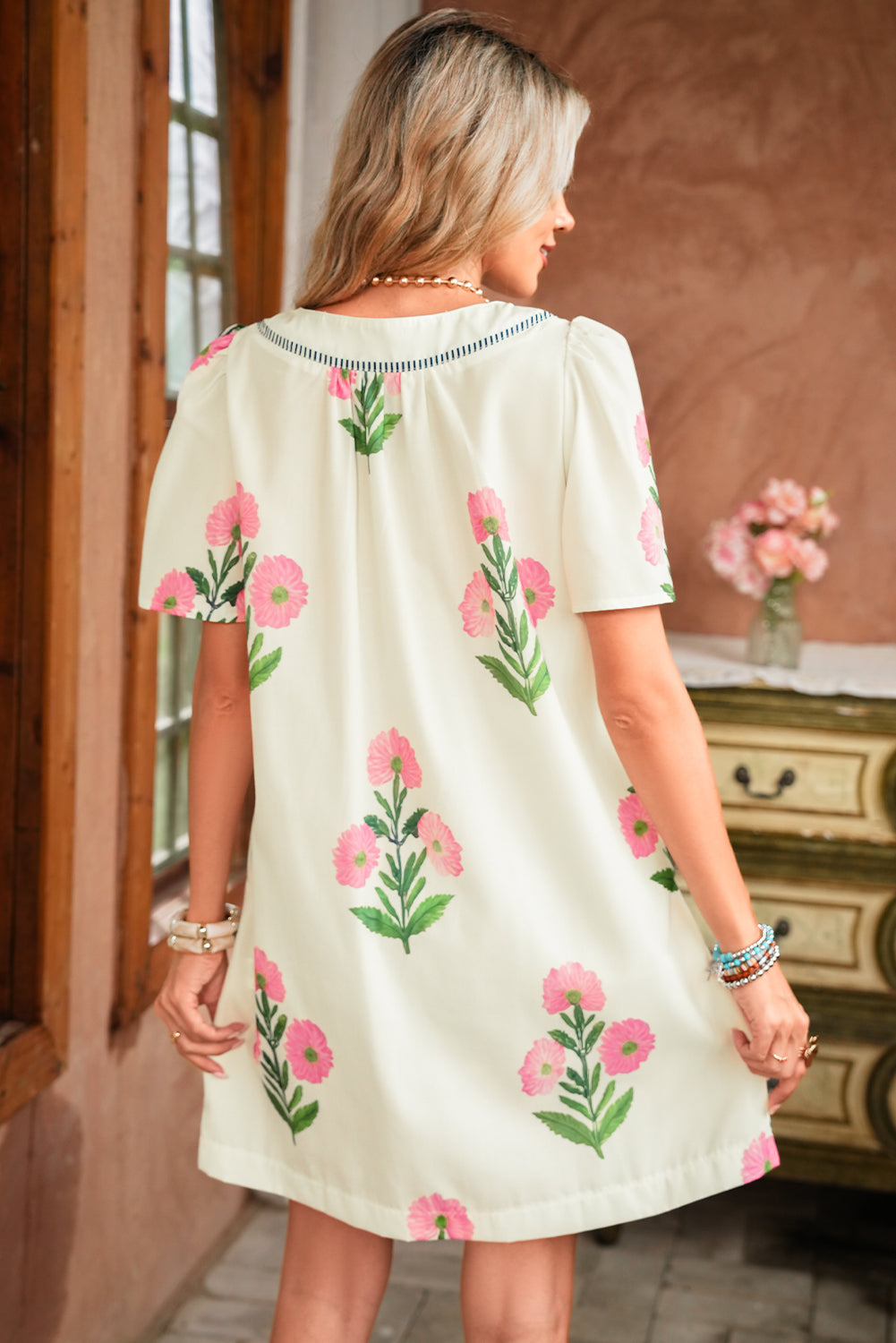 Blue Striped Trim Short Sleeve Split Neck Floral Mini Dress