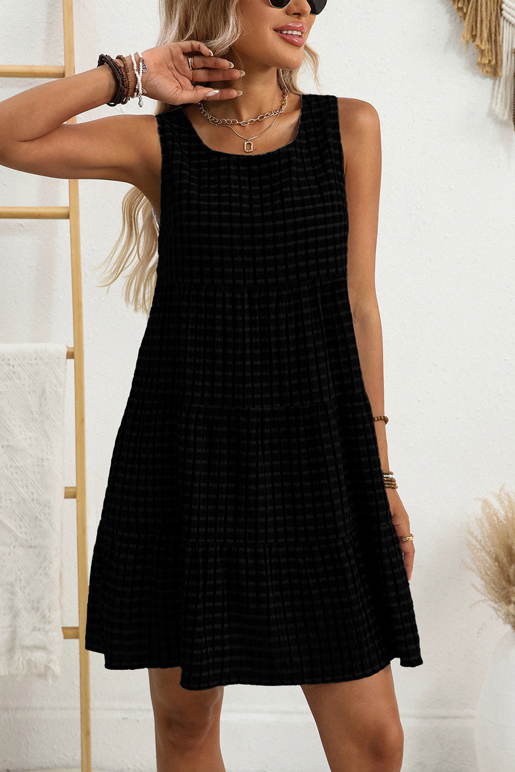 White Gingham High Waist Sleeveless Mini Dress