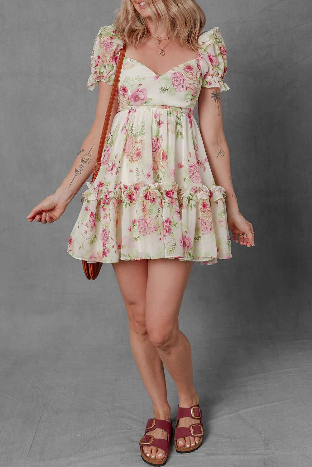 White Floral Print Sweetheart Neck Bubble Sleeve Ruffle Mini Dress
