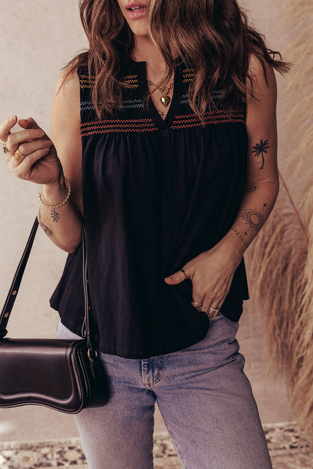 Black Shirred Yoke Notched V Neck Tank Top