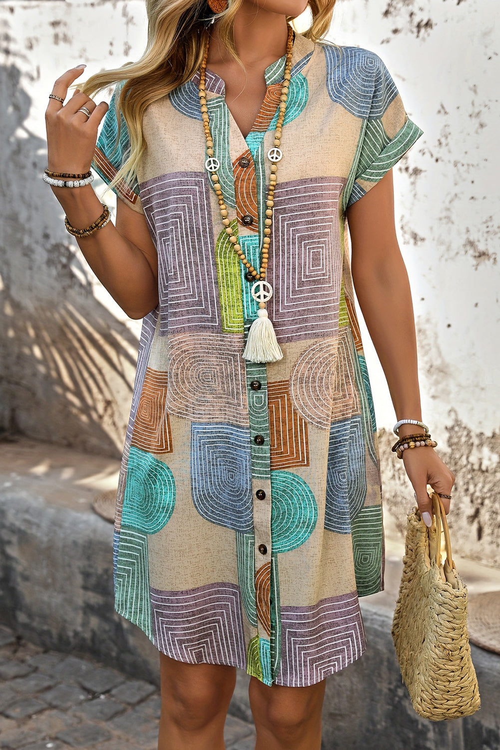 Multicolour Boho Geometric Print Button Up Mini Dress