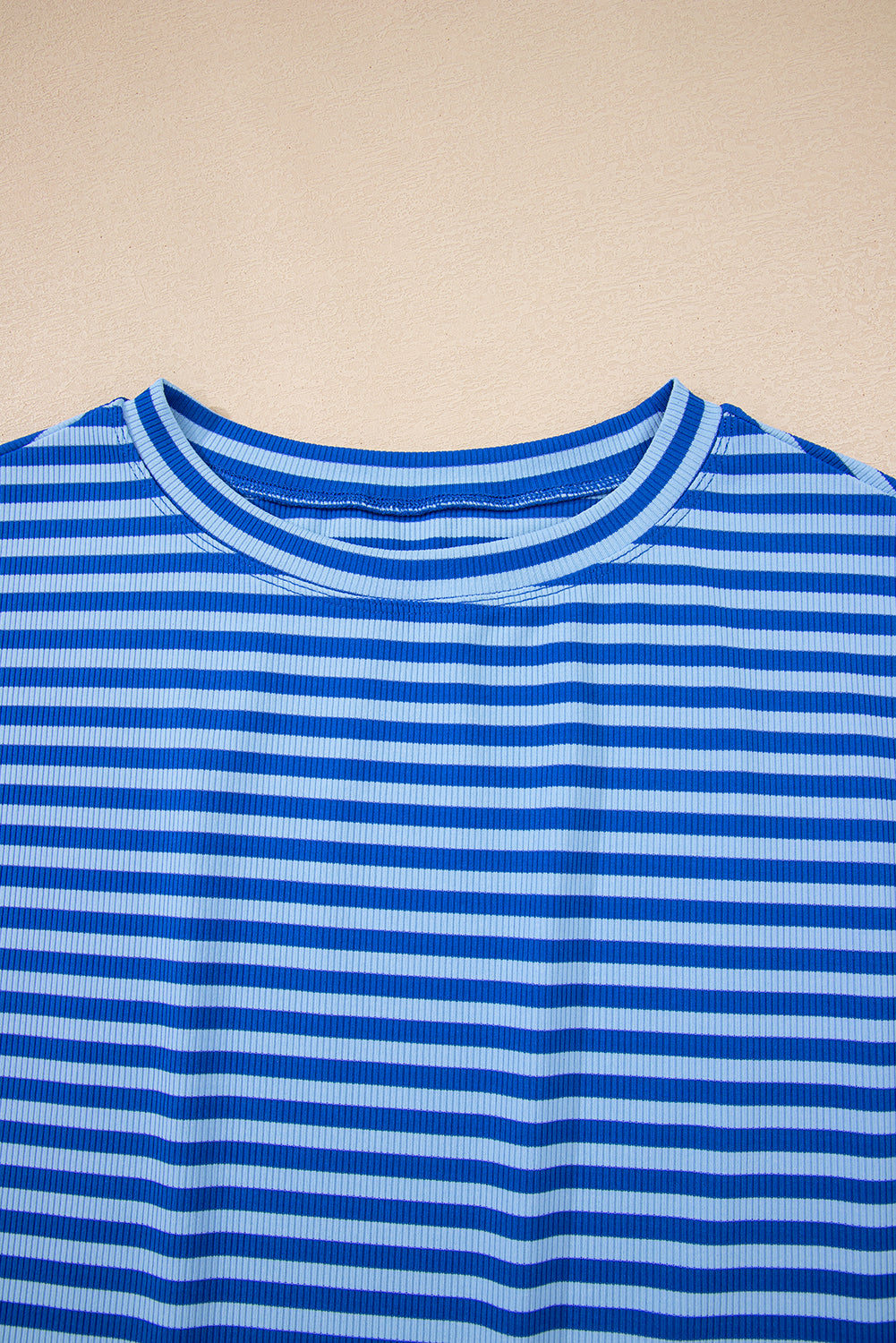 Red Stripe Ribbed Cap Sleeve Round Neck T Shirt