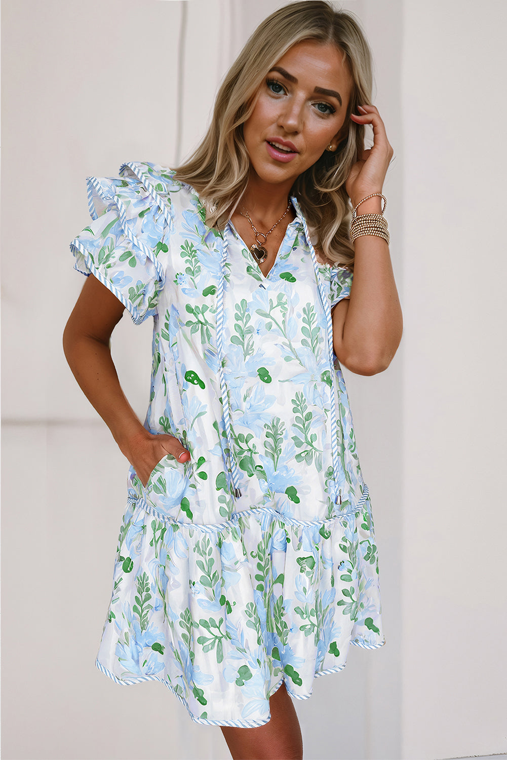 Orange Floral Contrast Edge Ruffle Sleeve Tie Neck Mini Dress