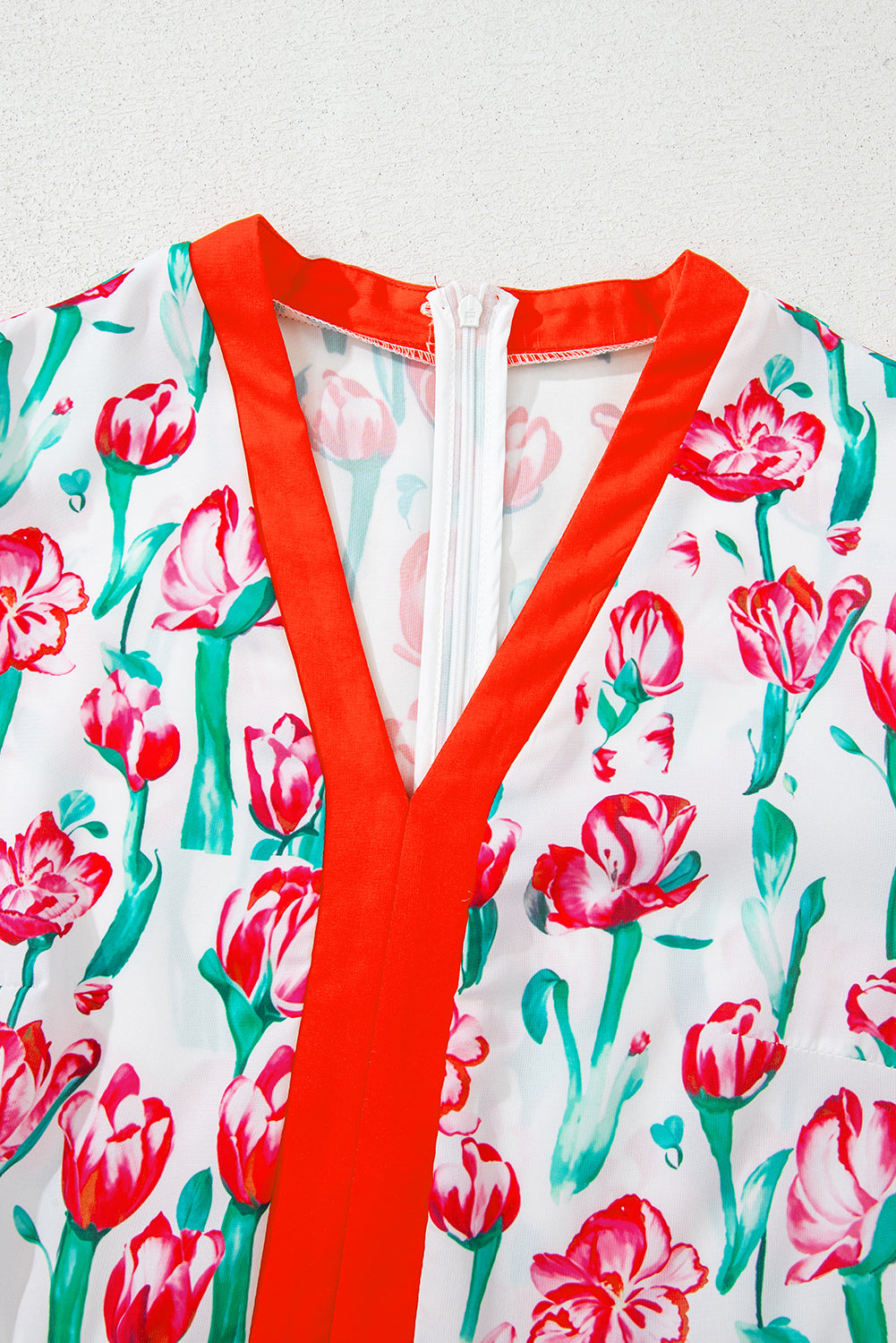 Pink Floral Print Bubble Sleeve Babydoll Pop of Color Neckline Dress