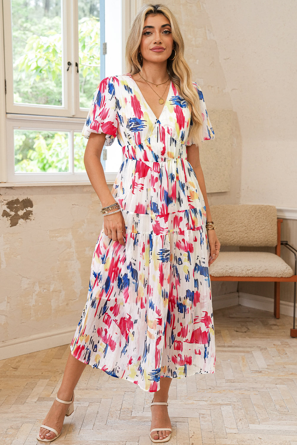 Sky Blue Abstract Print Short Puff Sleeve Tiered Maxi Dress