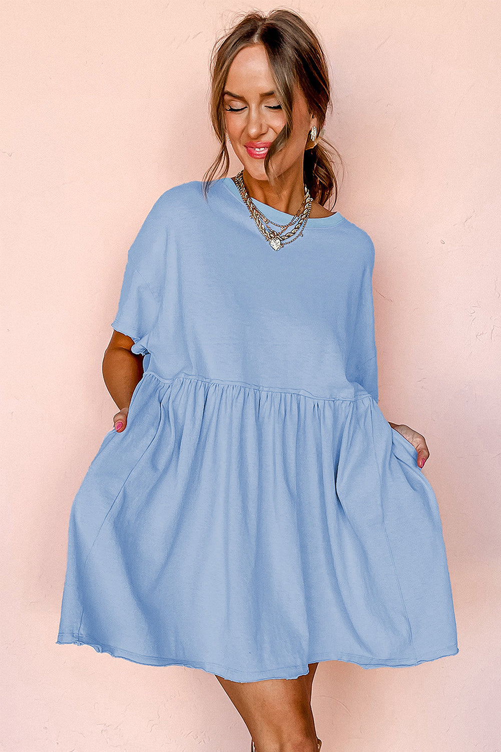 Moonlight Jade Solid Color Pocket Raw Edge Babydoll Dress