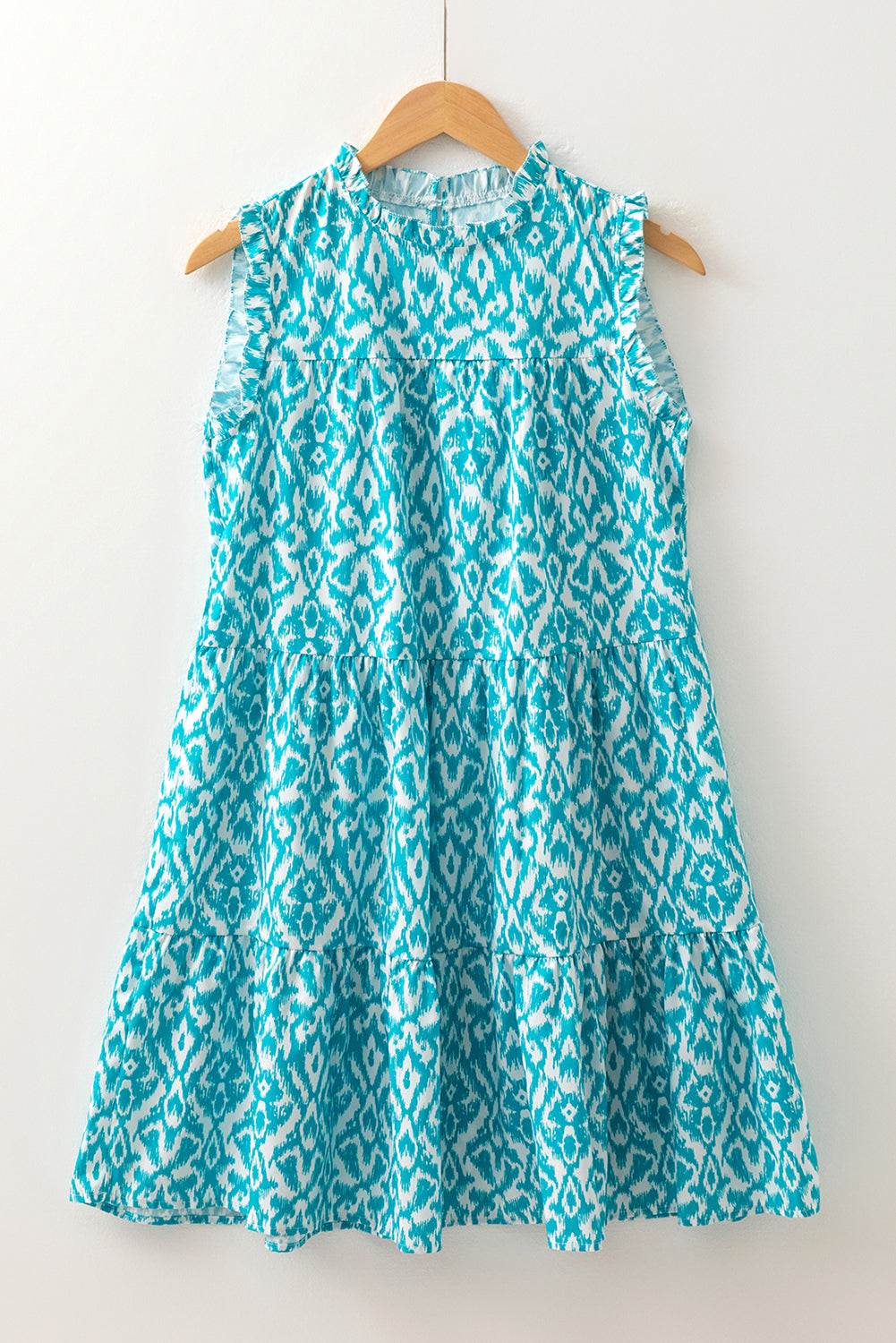 Sky Blue Boho Frill Stand Neck Sleeveless Mini Dress