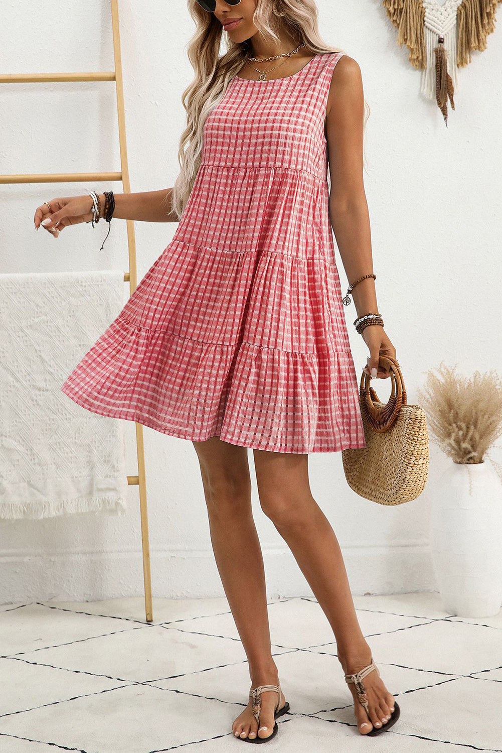 White Gingham High Waist Sleeveless Mini Dress