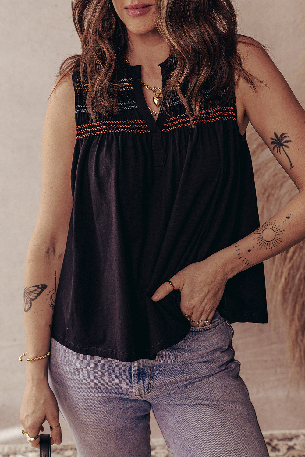 Black Shirred Yoke Notched V Neck Tank Top