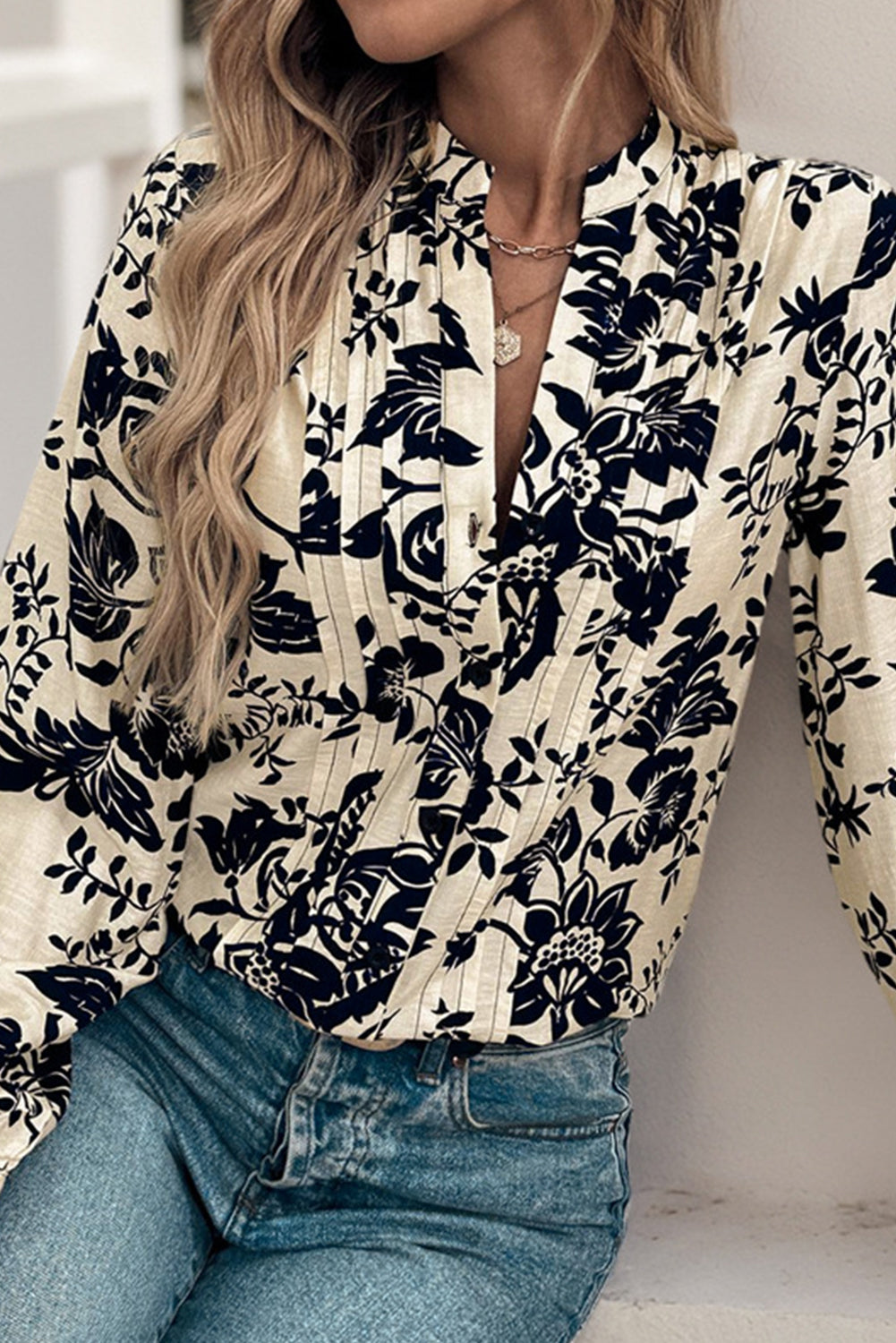 Apricot Botanical Print Pleated Button-up Shirt