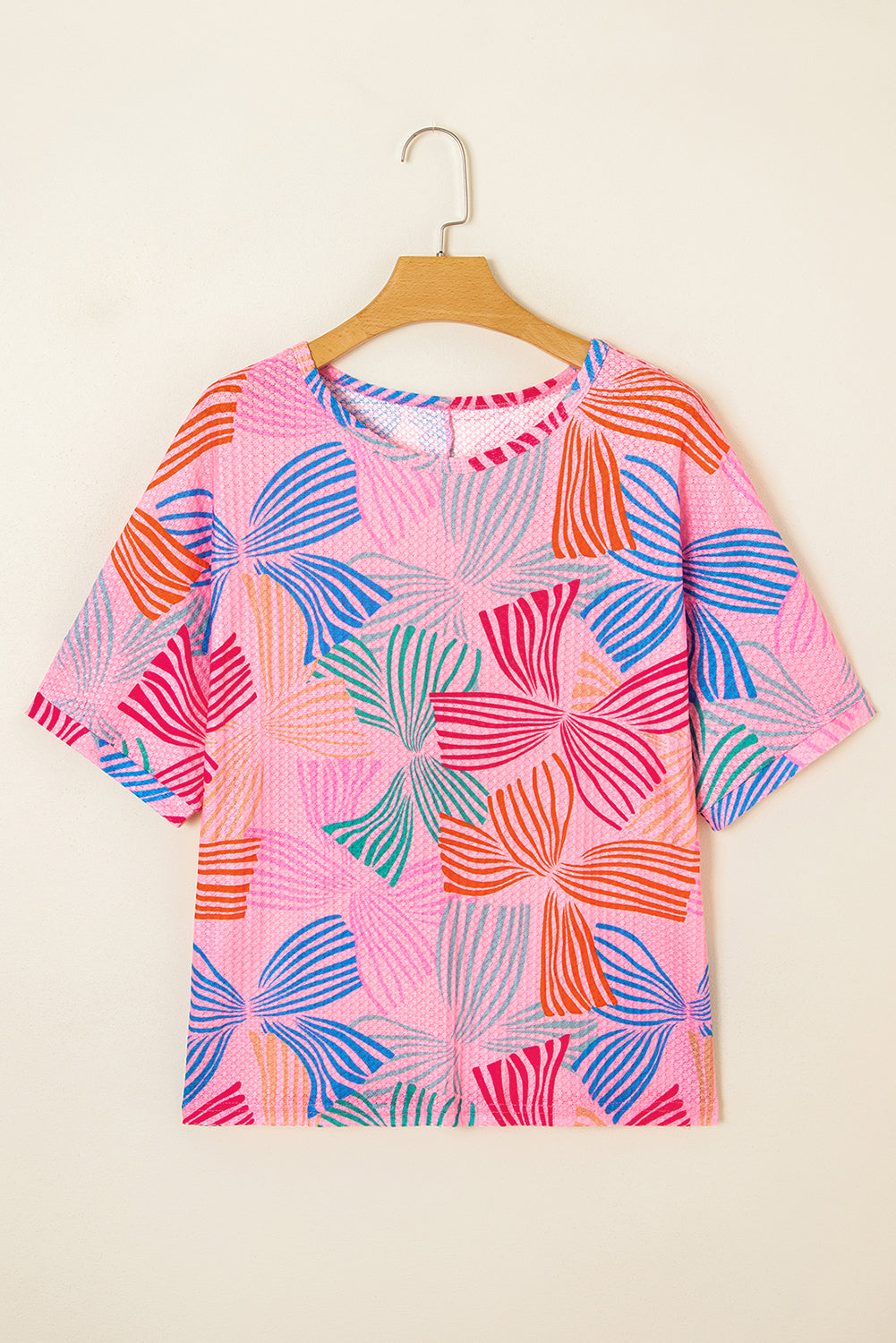 Sky Blue Bowknot Print Waffle Loose Tee