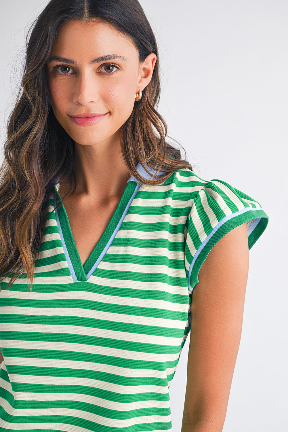 Dark Blue Striped Ruffle Short Sleeve Pop of Color Neckline Dress