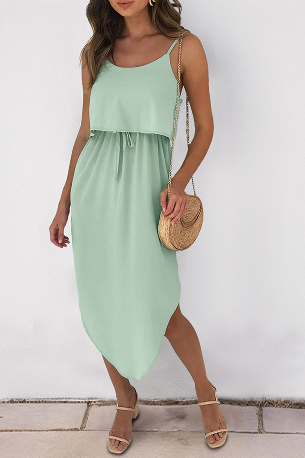 Clearly Aqua Irregular Split Spaghetti Strap Midi Dress