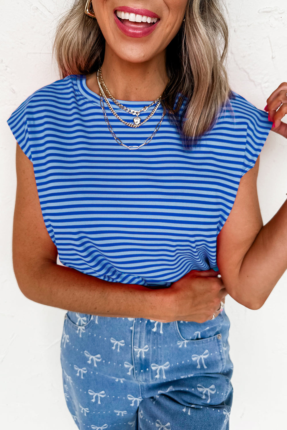 Red Stripe Ribbed Cap Sleeve Round Neck T Shirt