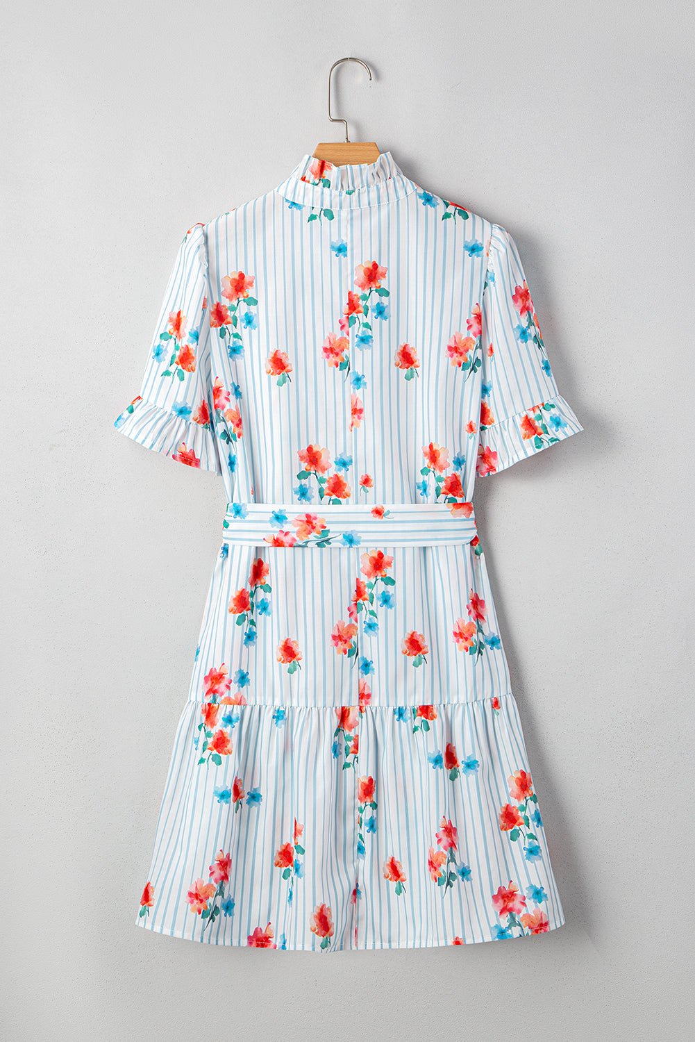 Sky Blue Striped Floral Print Ruffle Belted Mini Dress