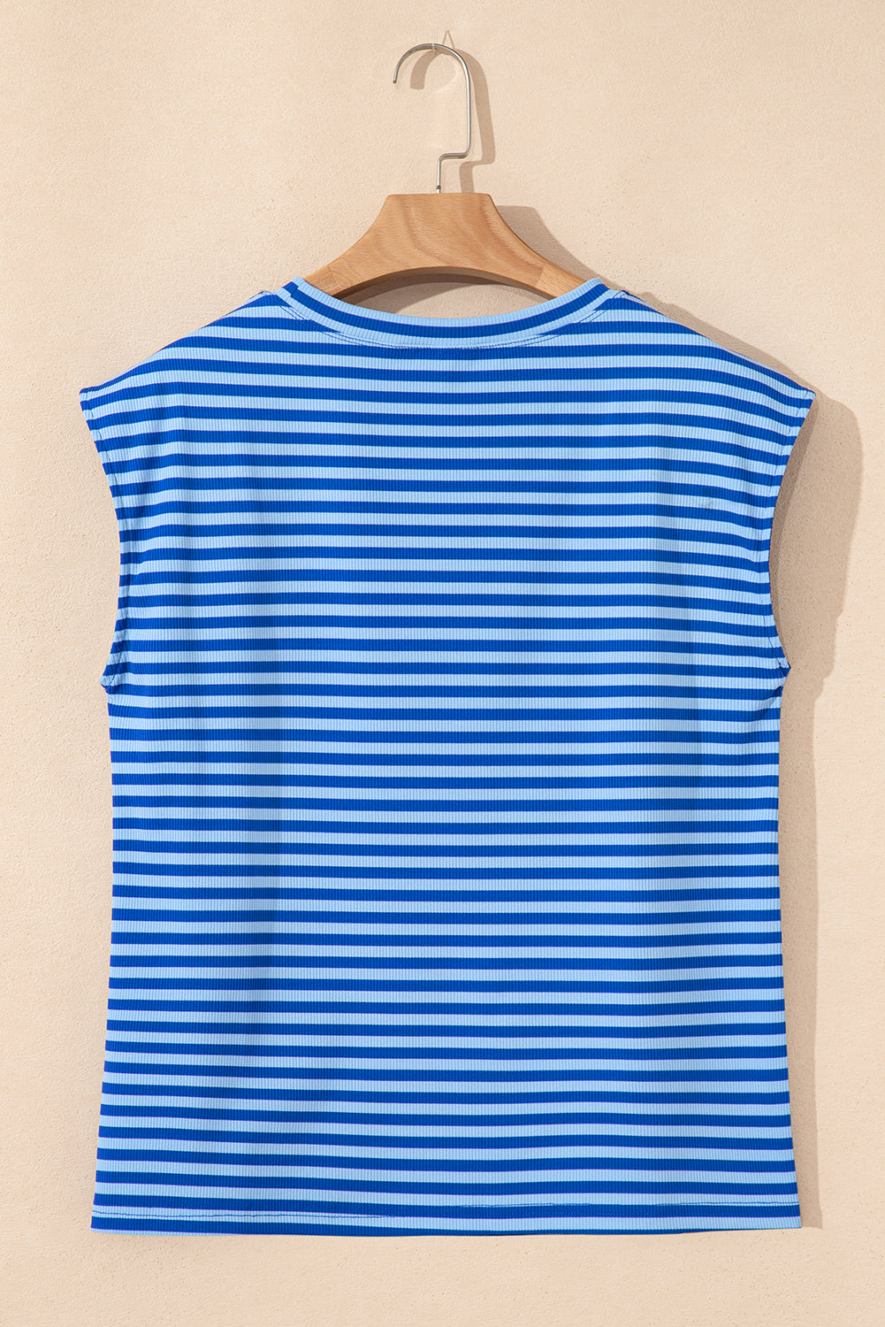 Red Stripe Ribbed Cap Sleeve Round Neck T Shirt