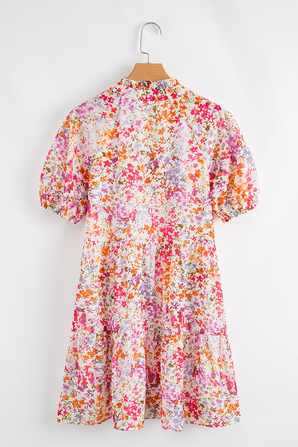 Red Floral Print Notched V Neck Puff Sleeve Tiered Mini Dress