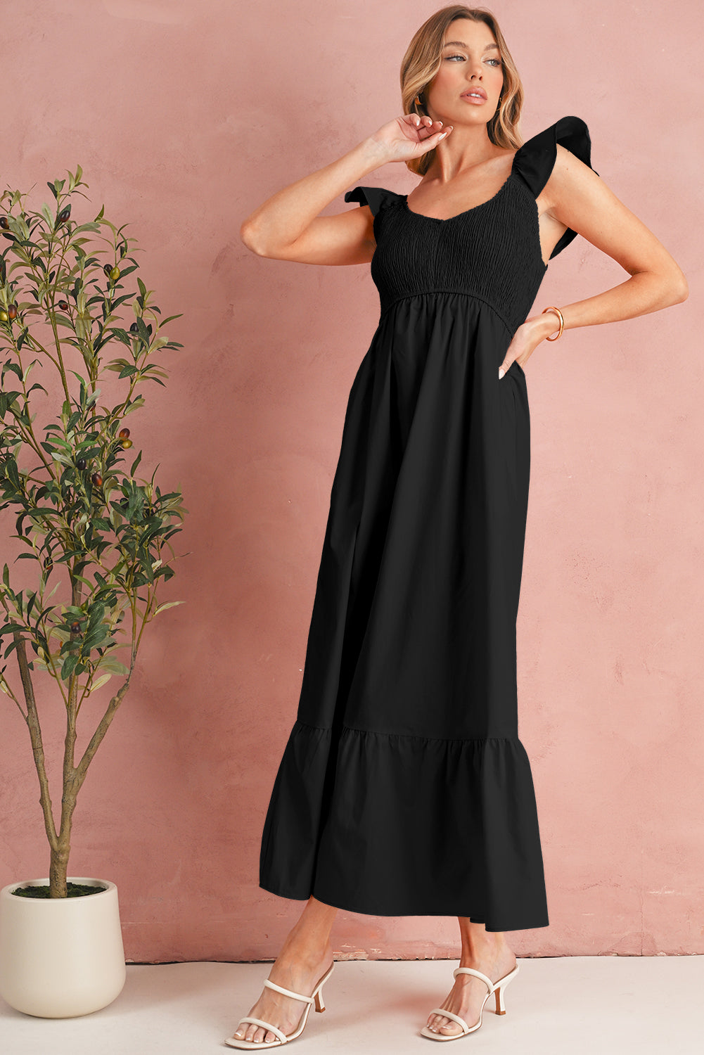 Apricot Pink V Neck Flutter Sleeve Smocked Bodice High Waist Ruffle Maxi Dress