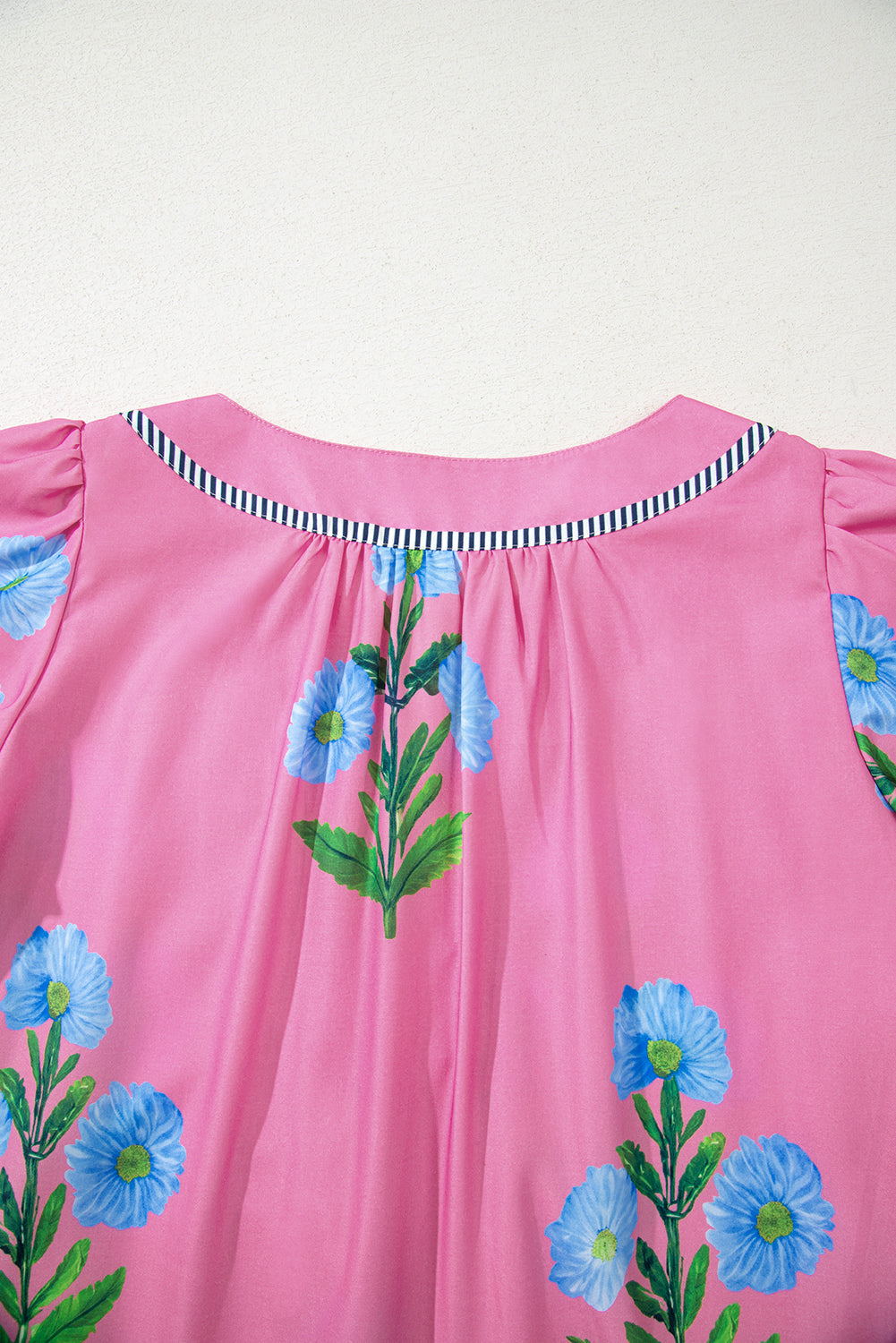 Blue Striped Trim Short Sleeve Split Neck Floral Mini Dress