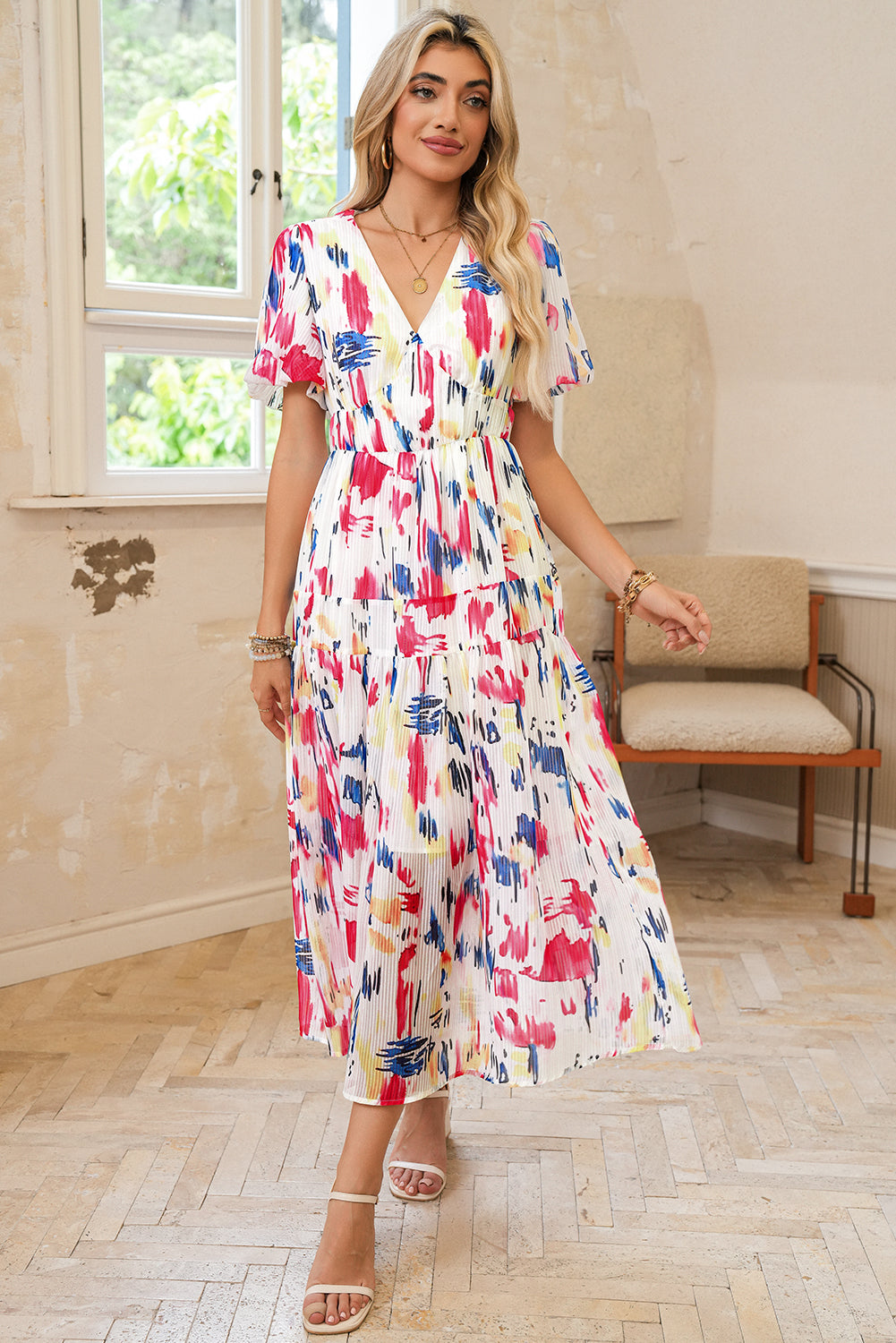 Sky Blue Abstract Print Short Puff Sleeve Tiered Maxi Dress