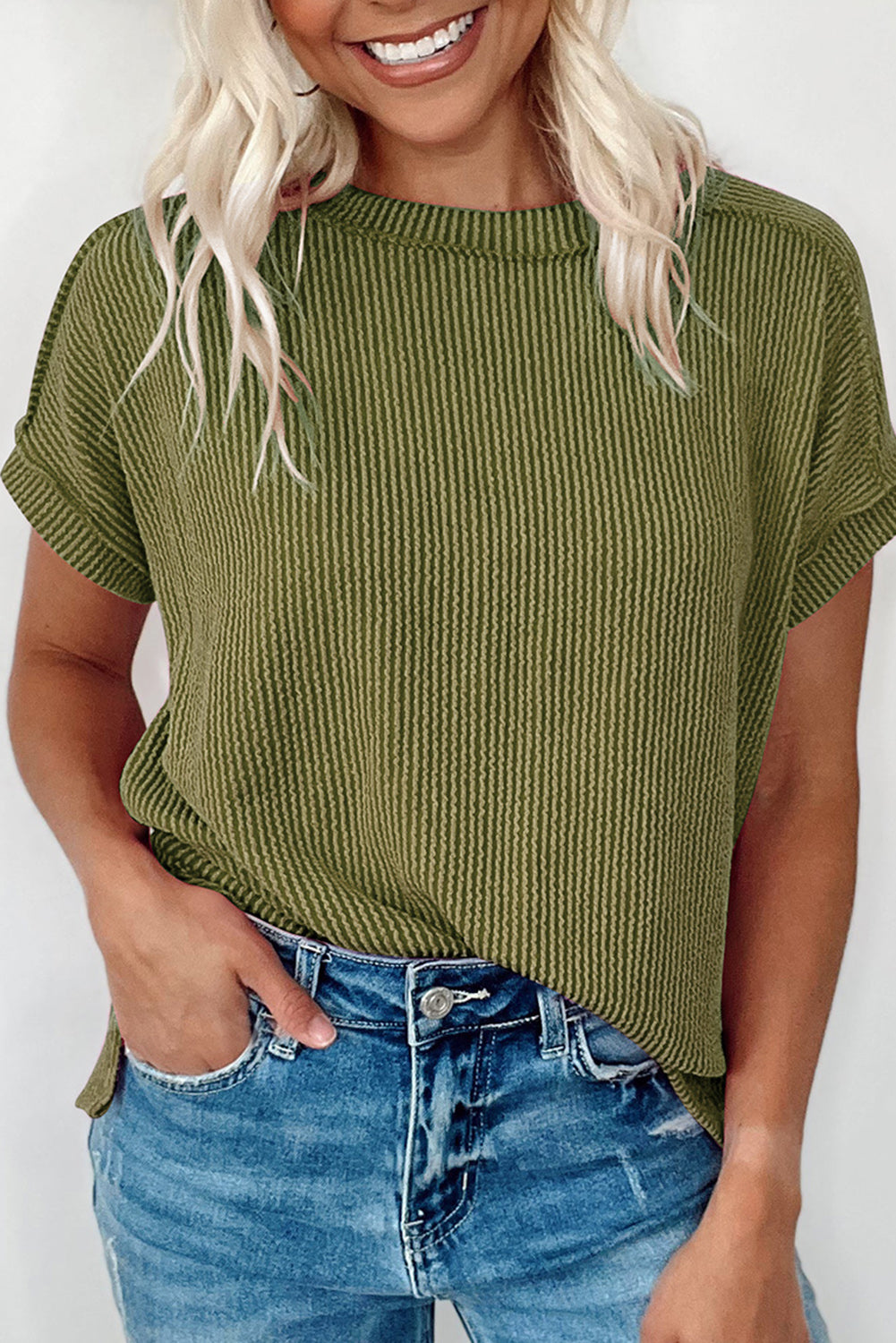 Medium Grey Crinkle Rib Knit Exposed Seam Round Neck T-shirt