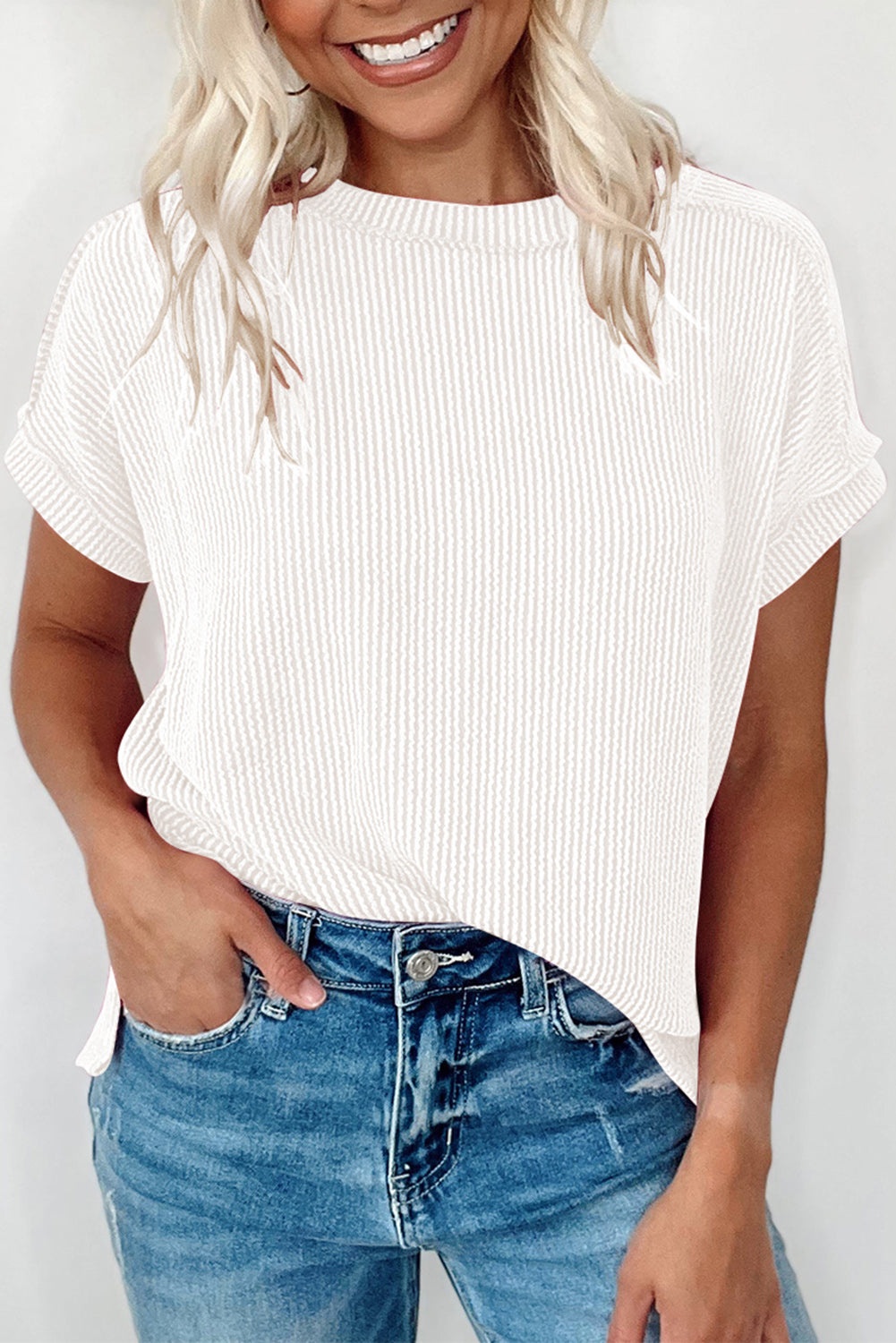 Medium Grey Crinkle Rib Knit Exposed Seam Round Neck T-shirt