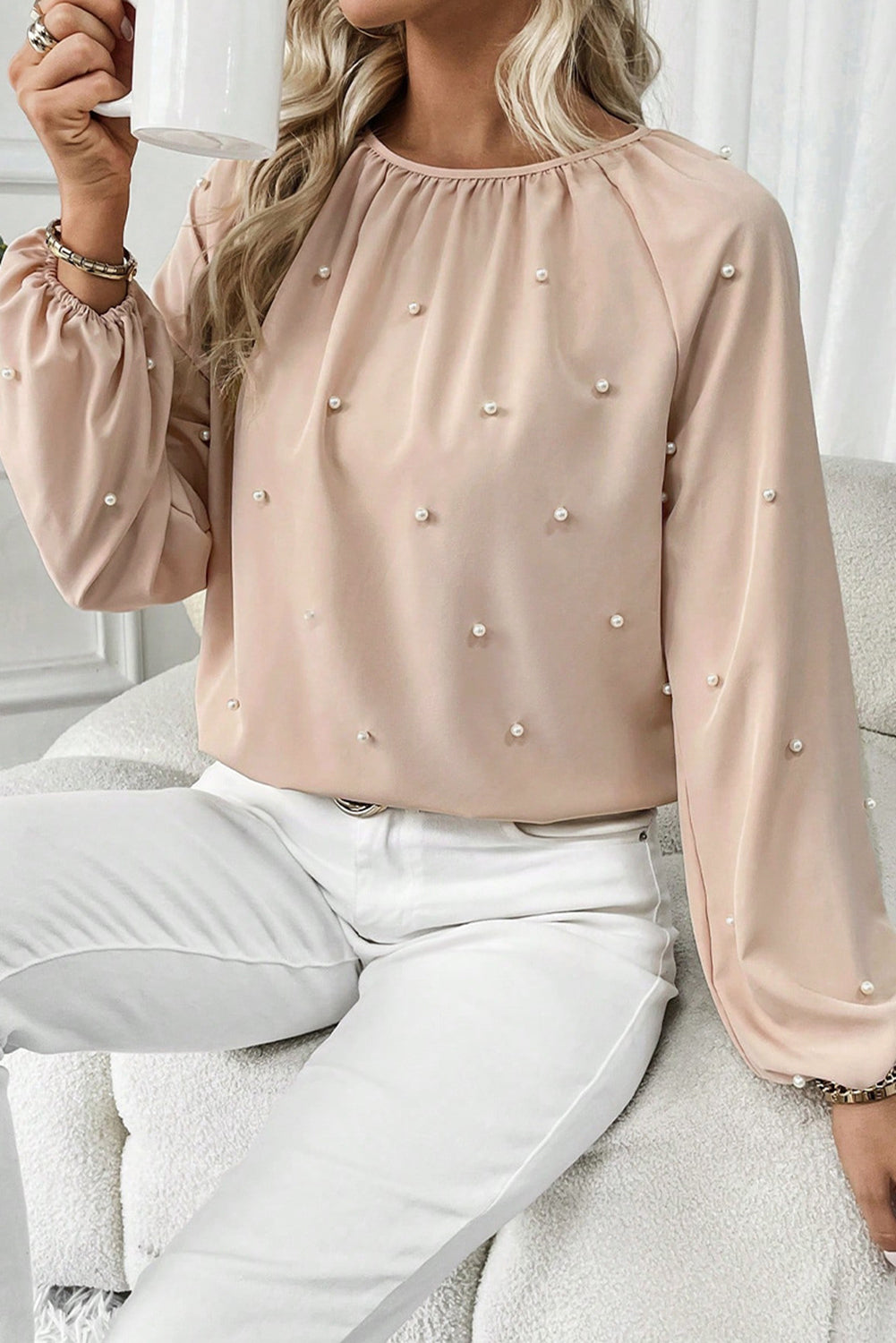 Oatmeal Pearl Beaded Round Neck Long Sleeve Top