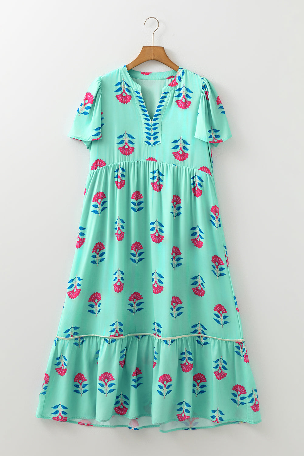 Blue Floral Print Notched Neck Flounce Sleeve Maxi Dress
