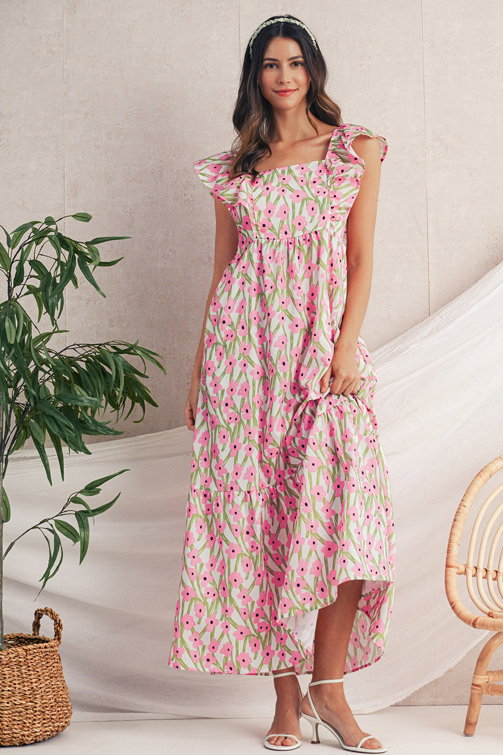 Blue Floral Print Square Neck Ruffled Strap Maxi Dress