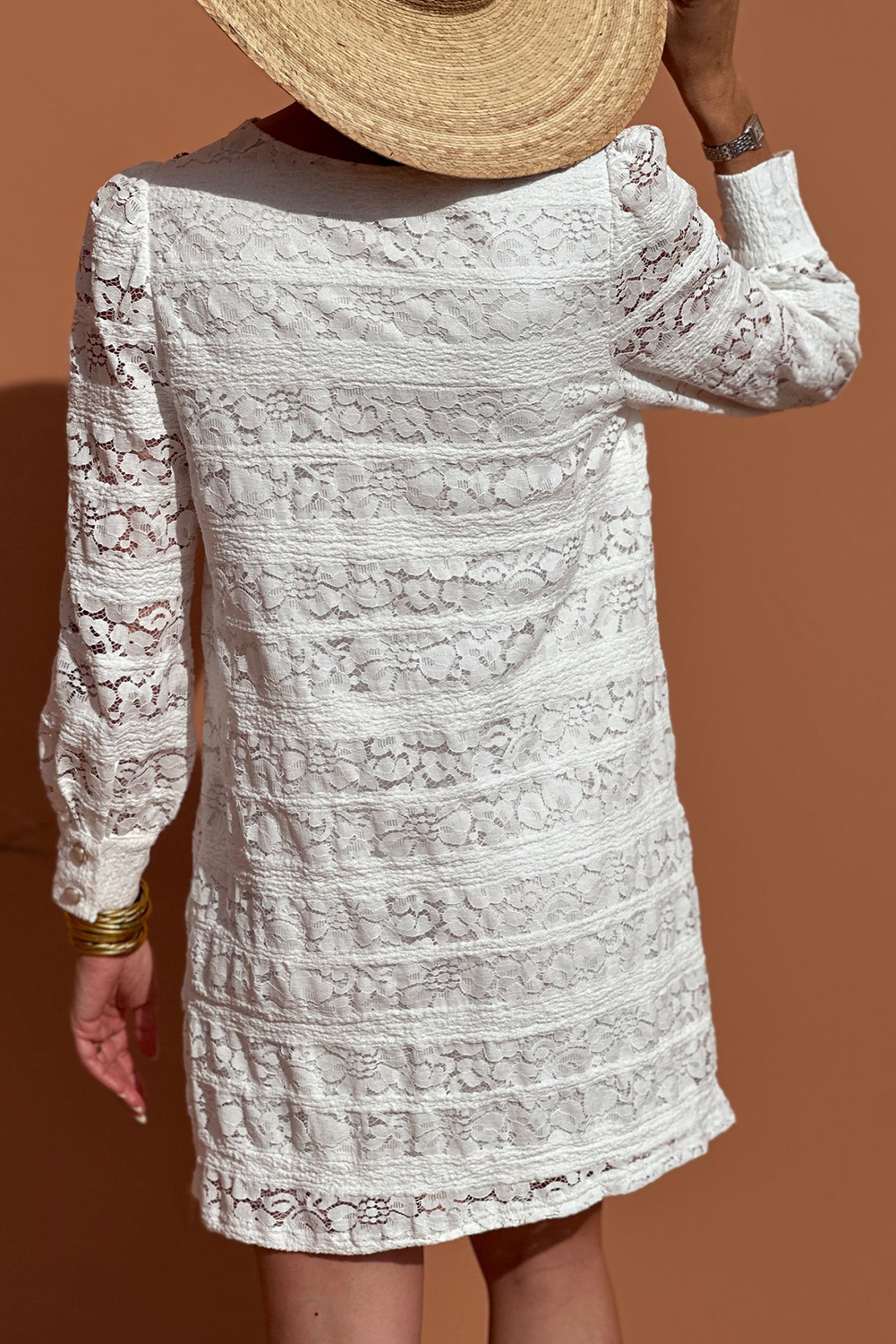 White Lace Floral Round Neck Puff Sleeve Shift Mini Dress