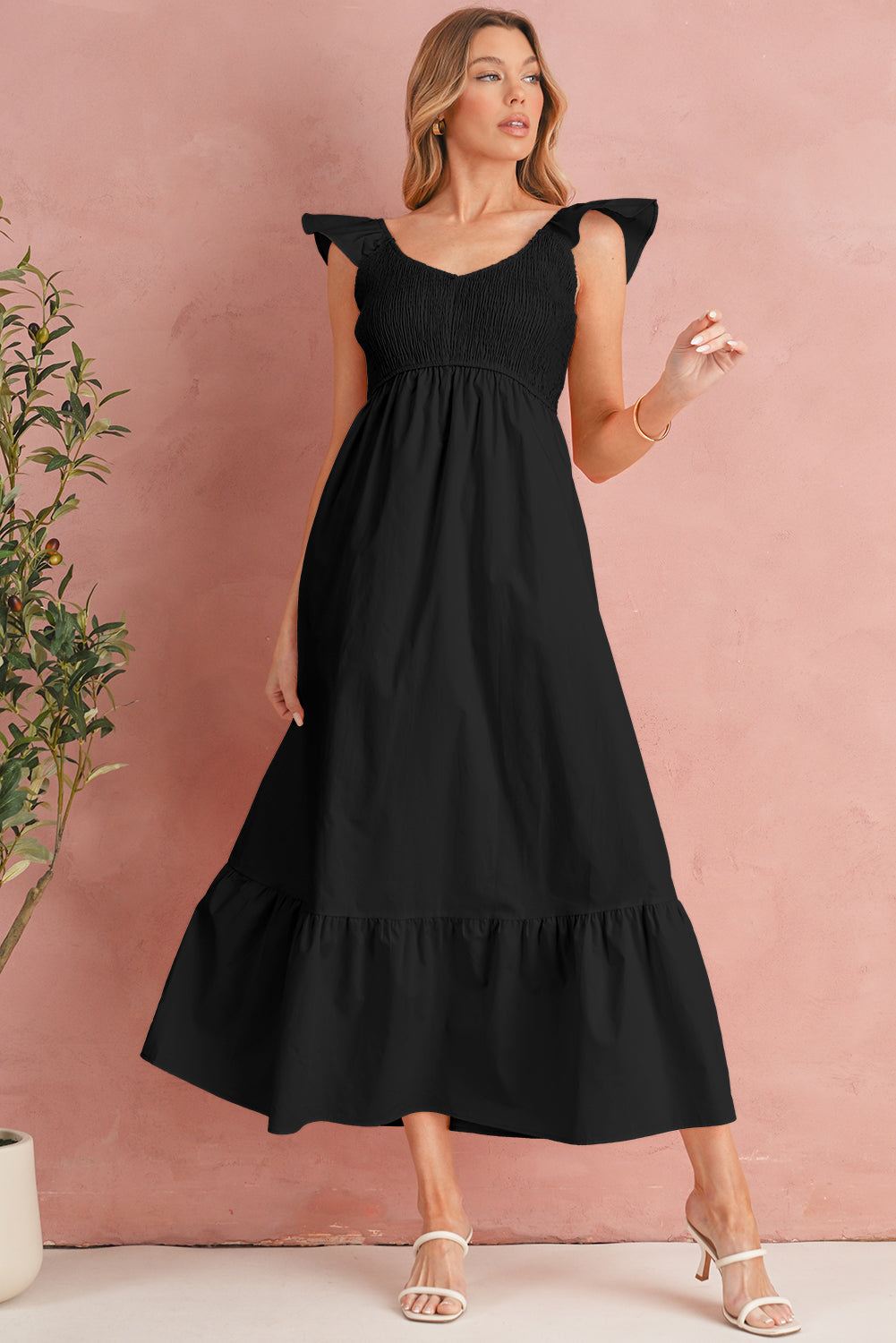 Apricot Pink V Neck Flutter Sleeve Smocked Bodice High Waist Ruffle Maxi Dress