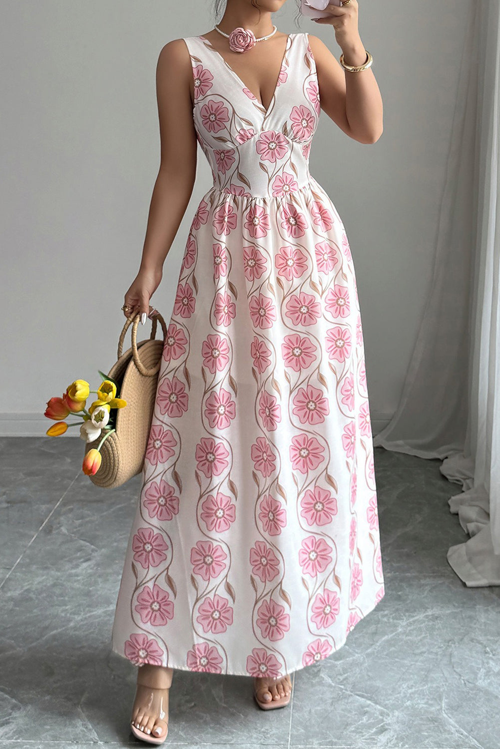 Pink Floral Print V Neck Sleeveless Maxi Dress