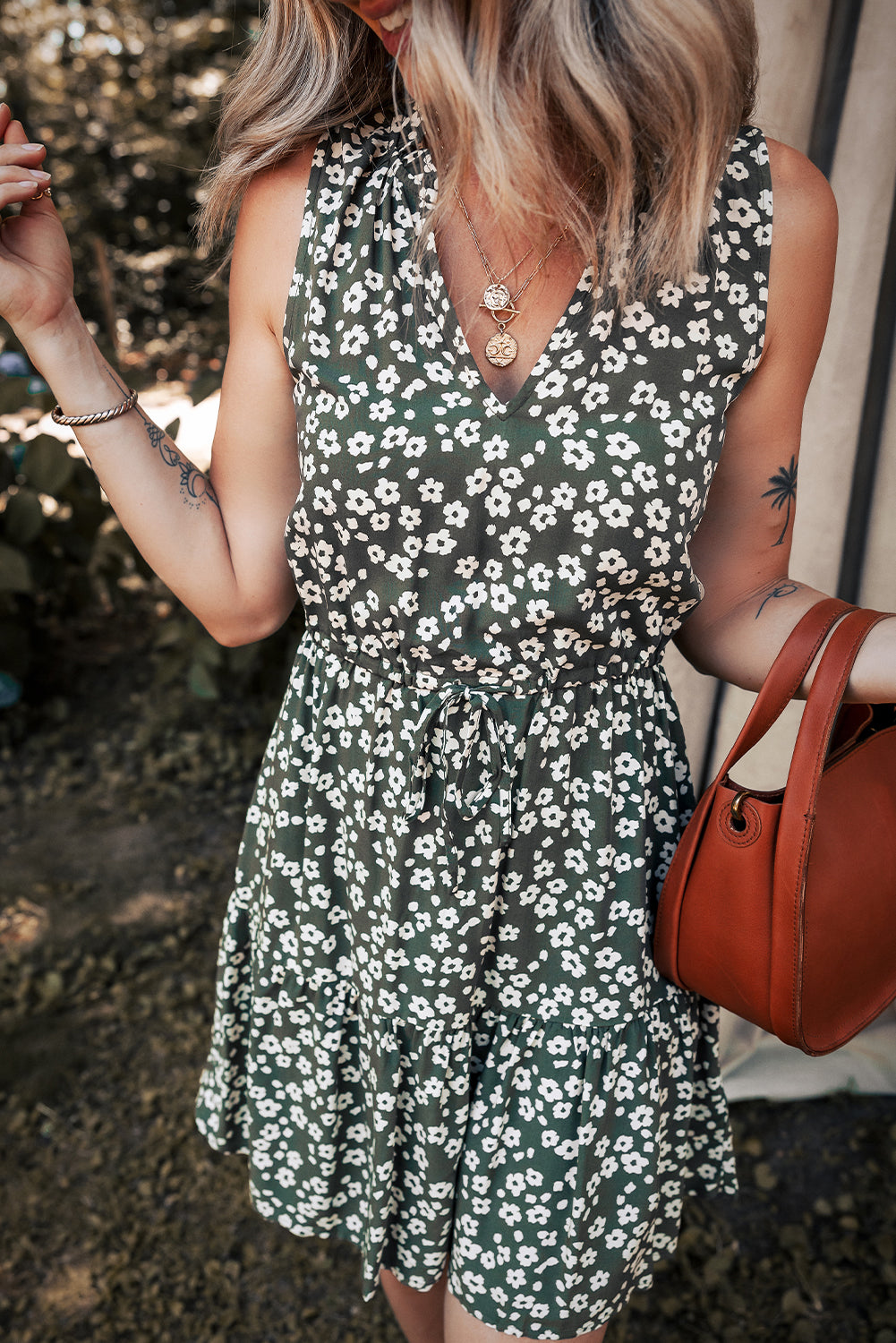 Green Boho Floral Print V Neck Knot Waist Sleeveless Dress