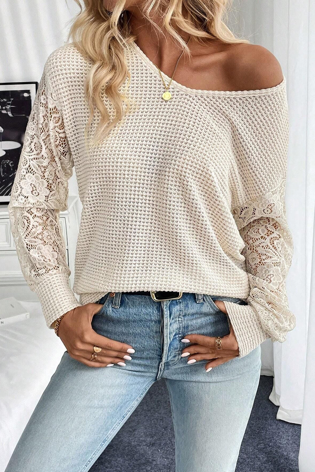 Beige Waffle V Neck Patchwork Lace Long Sleeve Top