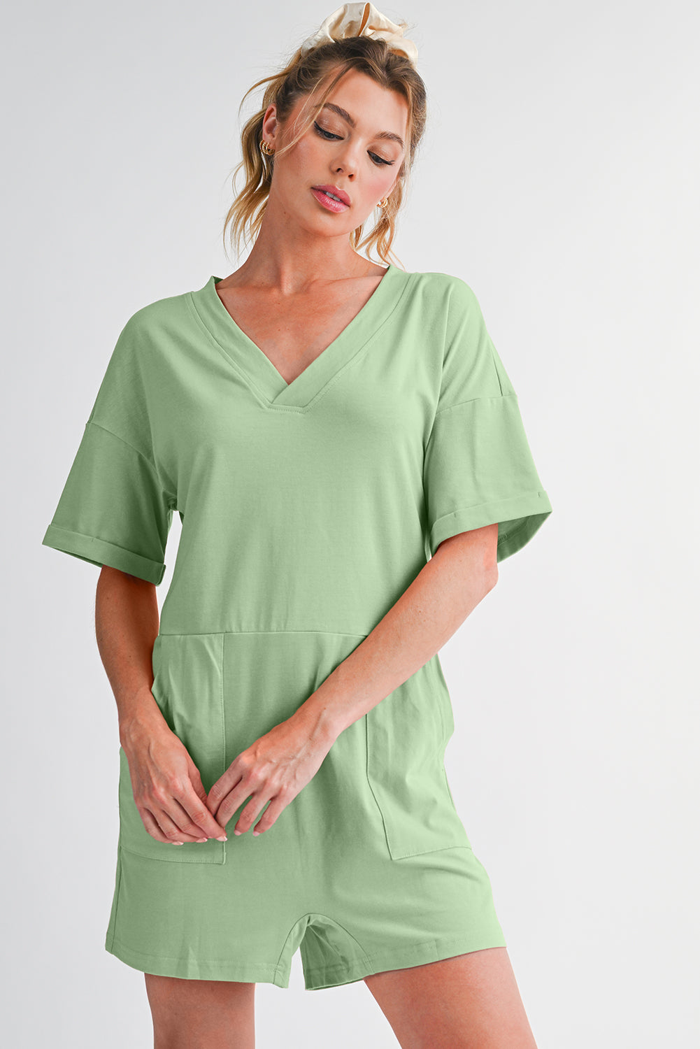 Myosotis Loose Half Sleeve V Neck Plain Romper