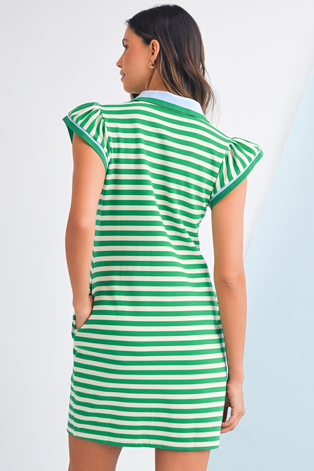 Dark Blue Striped Ruffle Short Sleeve Pop of Color Neckline Dress