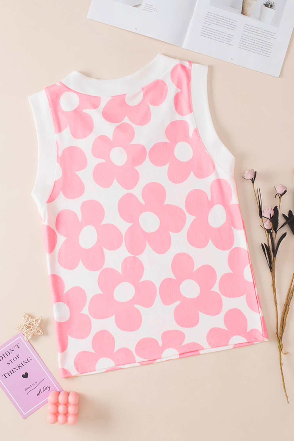 Pink 60s Floral Print V Neck Contrast Trim Knitted Vest