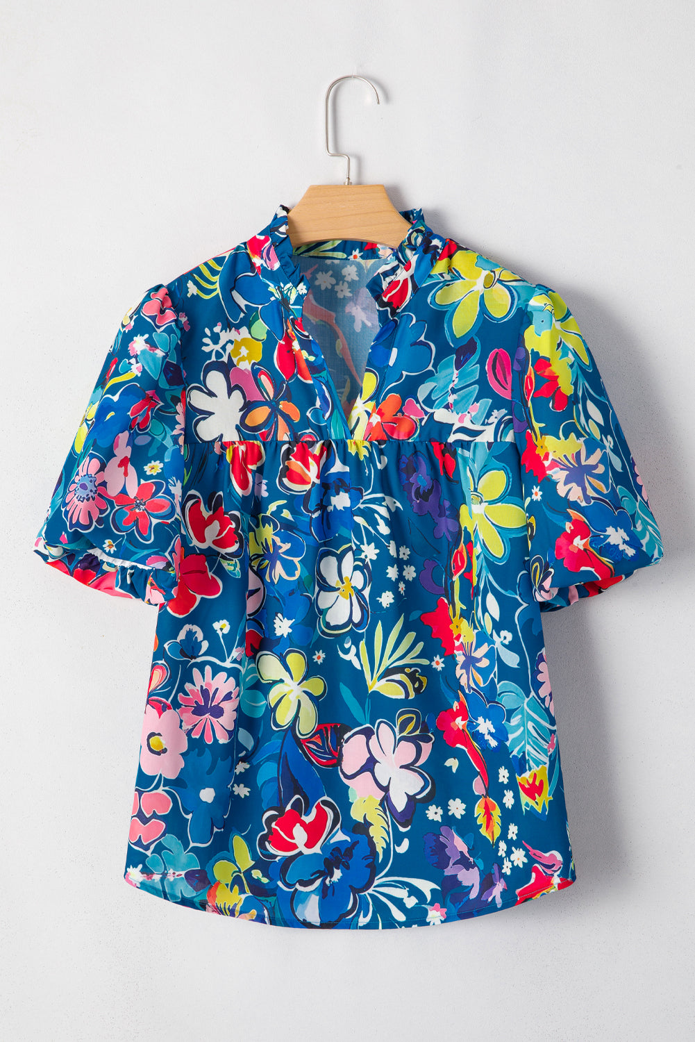 Blue Flower Print Notch V Neck Puff Sleeve Babydoll Blouse