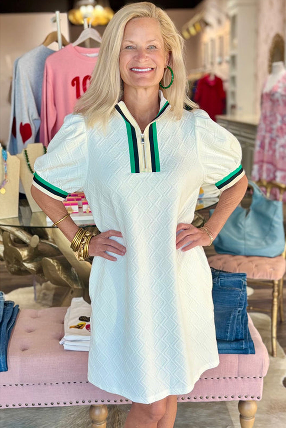 White Pop of Color Neckline Checkered Textured Puff Sleeve Mini Dress