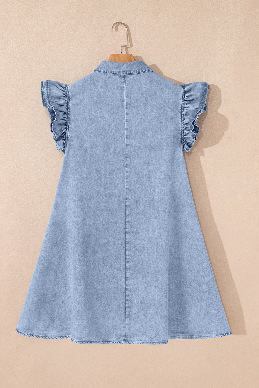 Beau Blue Ruffle Sleeve Button Down A-line Mini Denim Dress