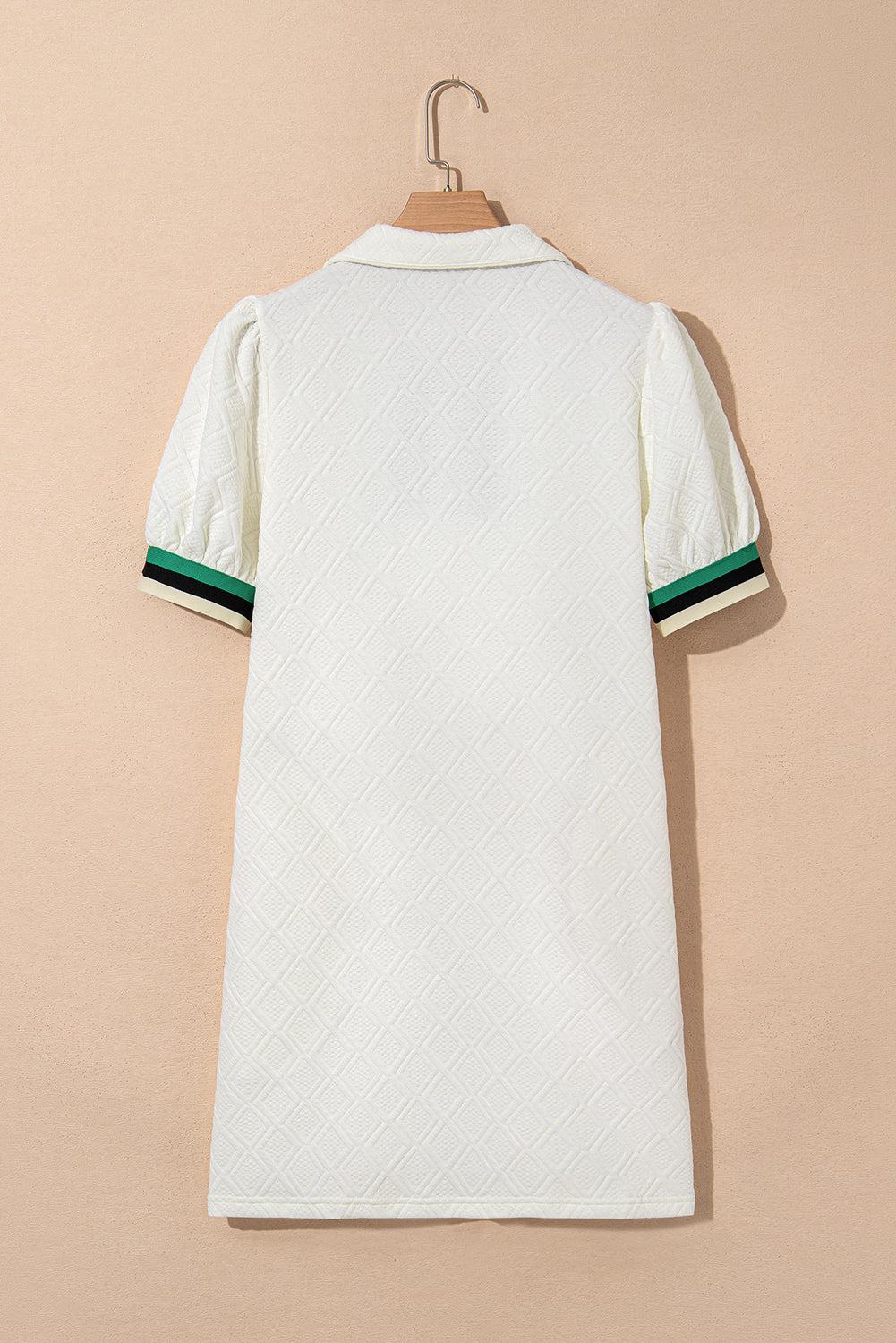 White Pop of Color Neckline Checkered Textured Puff Sleeve Mini Dress