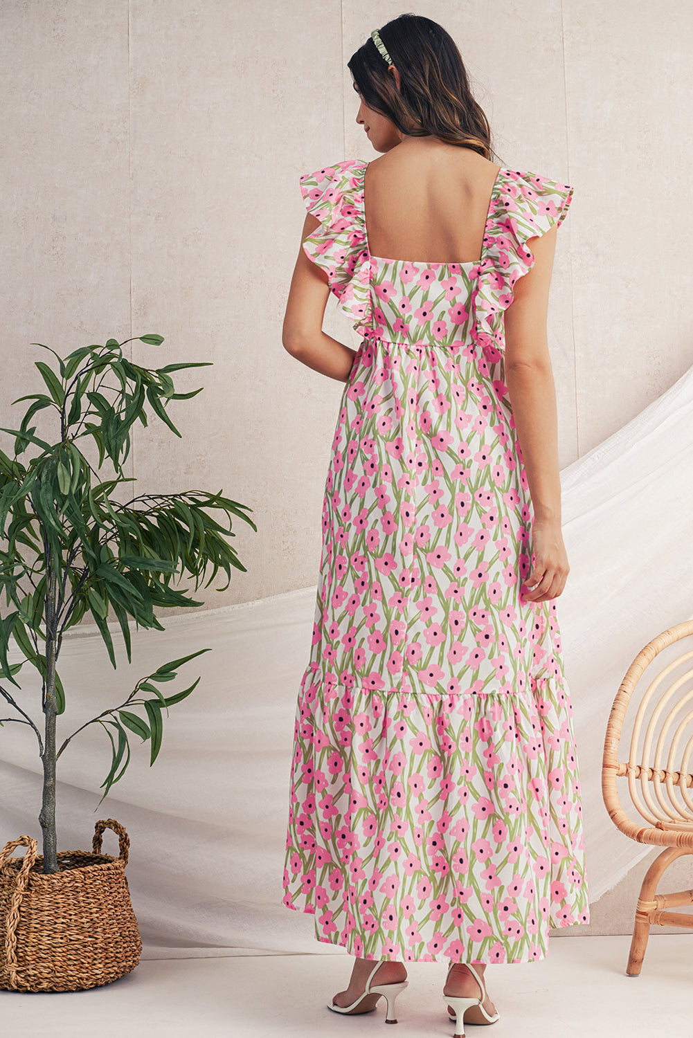 Blue Floral Print Square Neck Ruffled Strap Maxi Dress