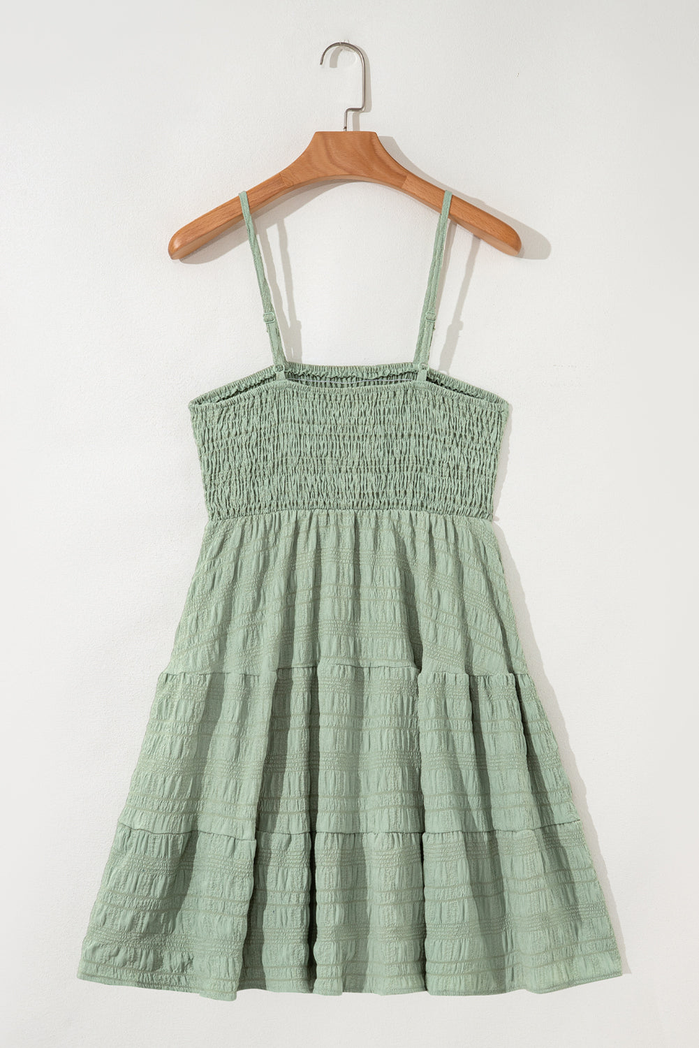 Smoke Green Solid Color Shirred Spaghetti Strap Textured Dress