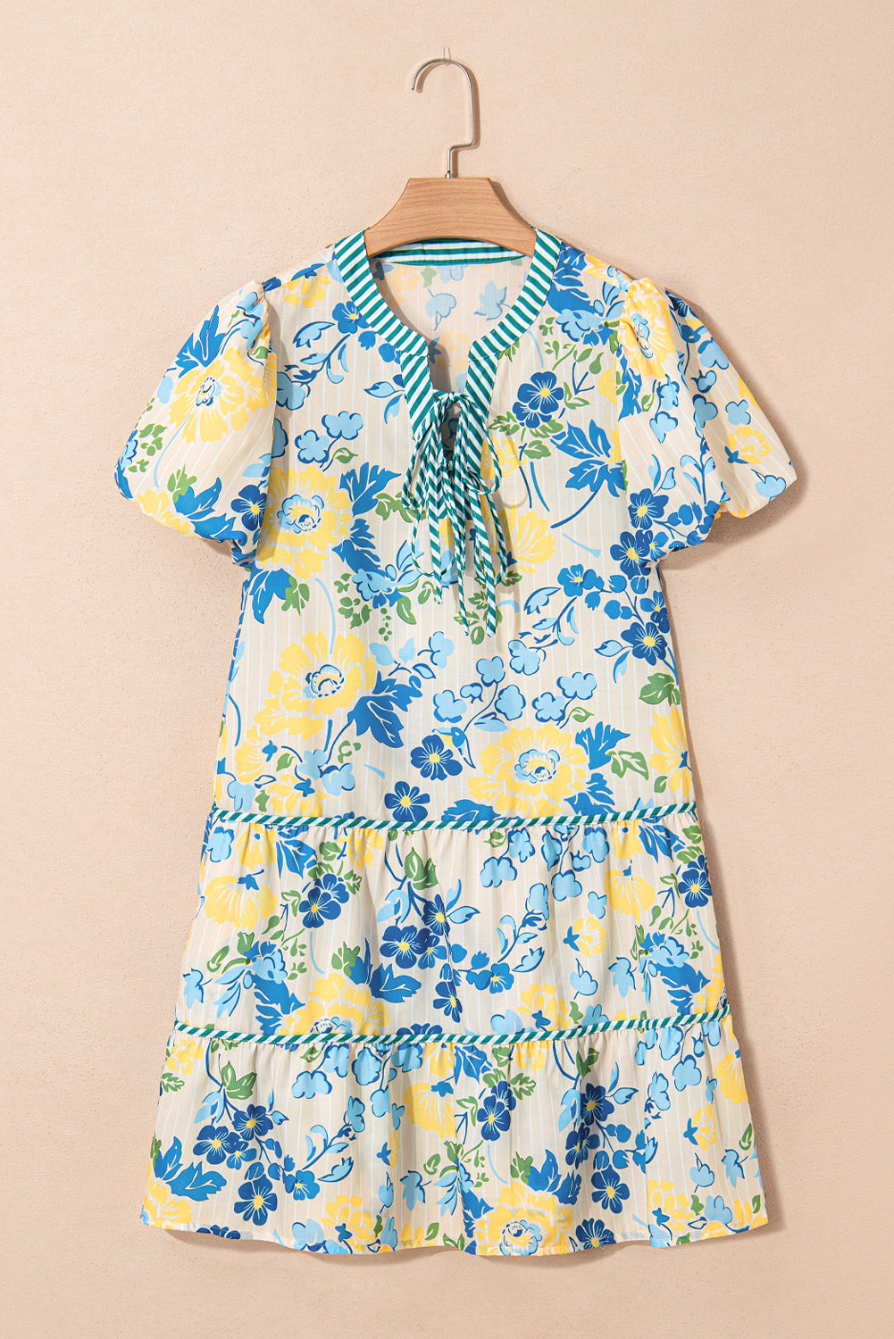 Blue Floral Print Striped Trim Puff Sleeve Mini Dress
