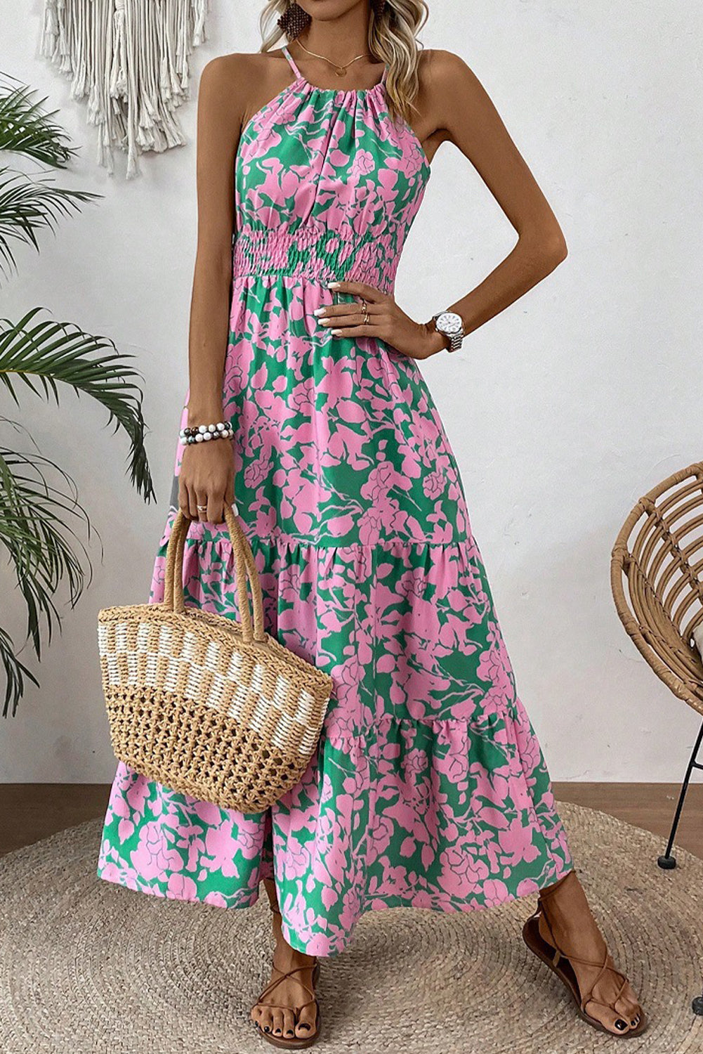 Pink Floral Shirred High Waist Tiered Halter Dress